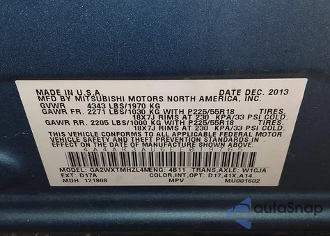 2014 Mitsubishi Outlander Sport Es z USA, uszkodzony, nr VIN 4A4AR3AU6EE019765